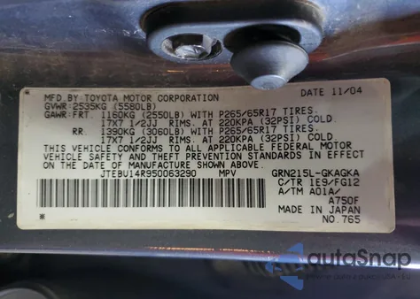 2005 Toyota 4Runner Sr5 z USA, uszkodzony, nr VIN JTEBU14R950063290